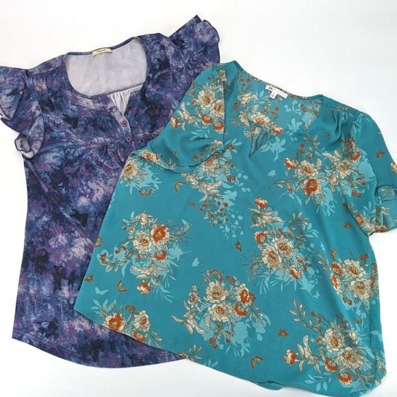 Blouse Bundle of 2 Business Casual Flowy Lightweight Short Sleeve Tops Size XL - Picture 1 of 8